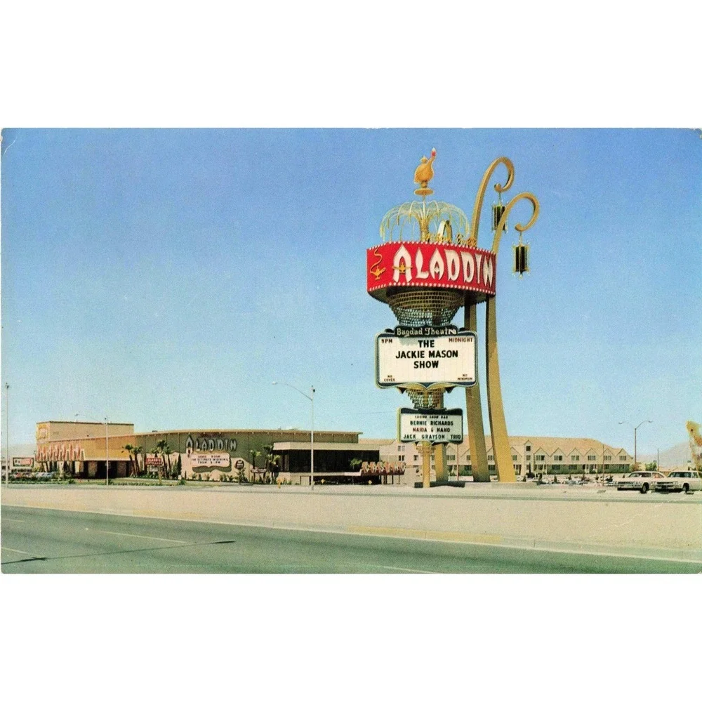 Las Vegas Nevada NV Aladdin Hotel Casino Marquee Jackie Mason Chrome Postcard
